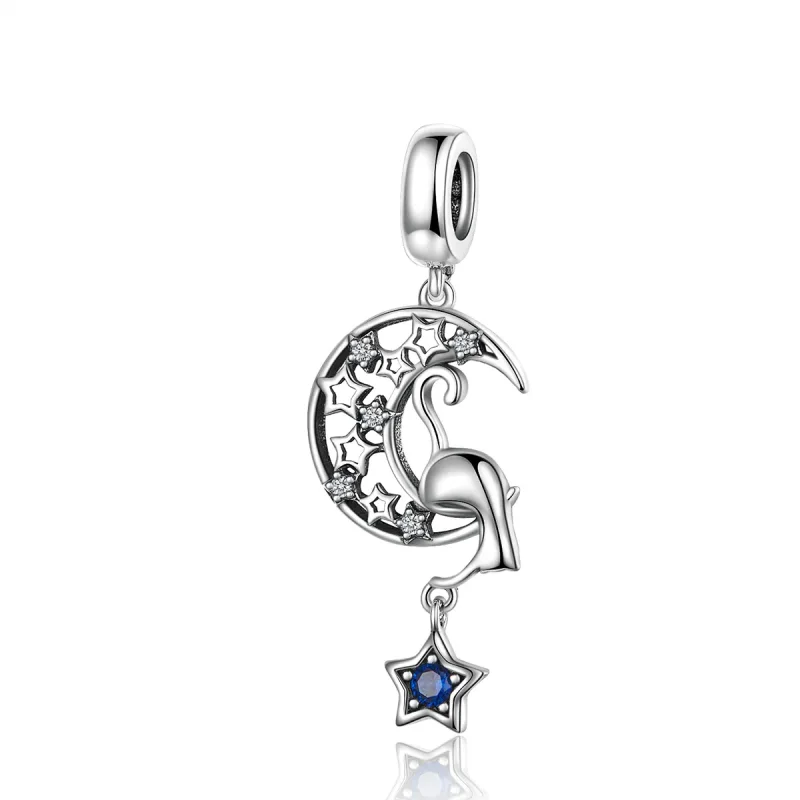 (image for) Pandora Compatible Silver Cat Play with Stars Dangle Charm - SCC1205 - Product Image