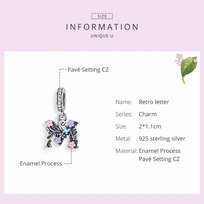 (image for) Pandora Compatible Silver Flower Letter M Dangle - SCC1274 - View 3