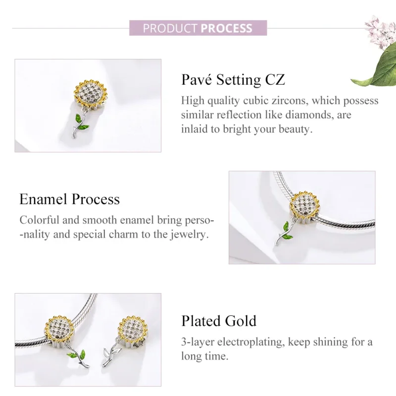 (image for) Pandora Compatible Silver & Gold-Plated Sunflower Dangle - SCC1211 - View 4