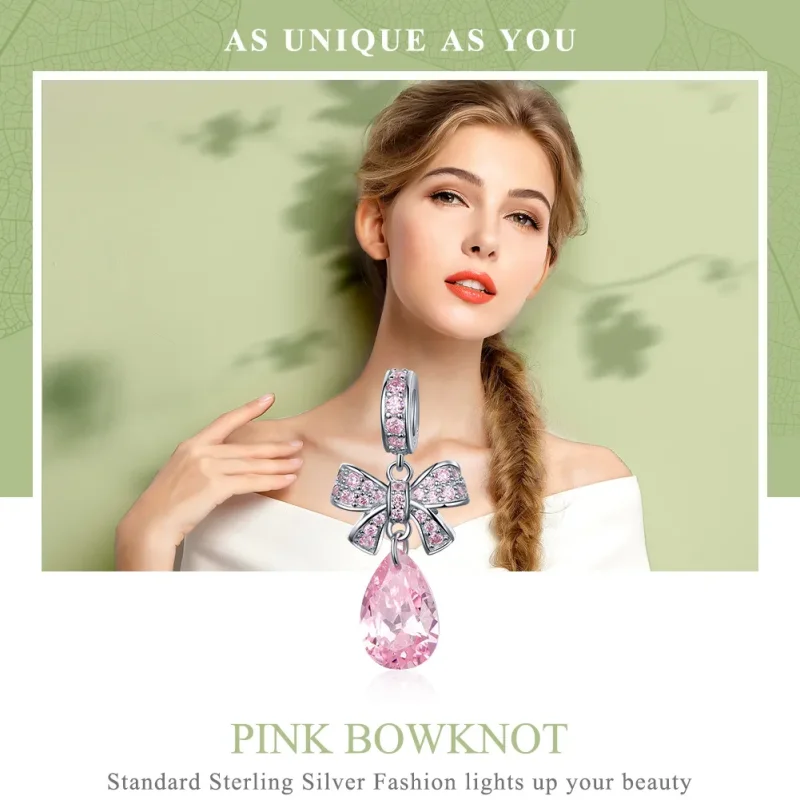 (image for) Pandora Compatible Silver Pink Bow Dangle Charm - SCC1074 - View 2