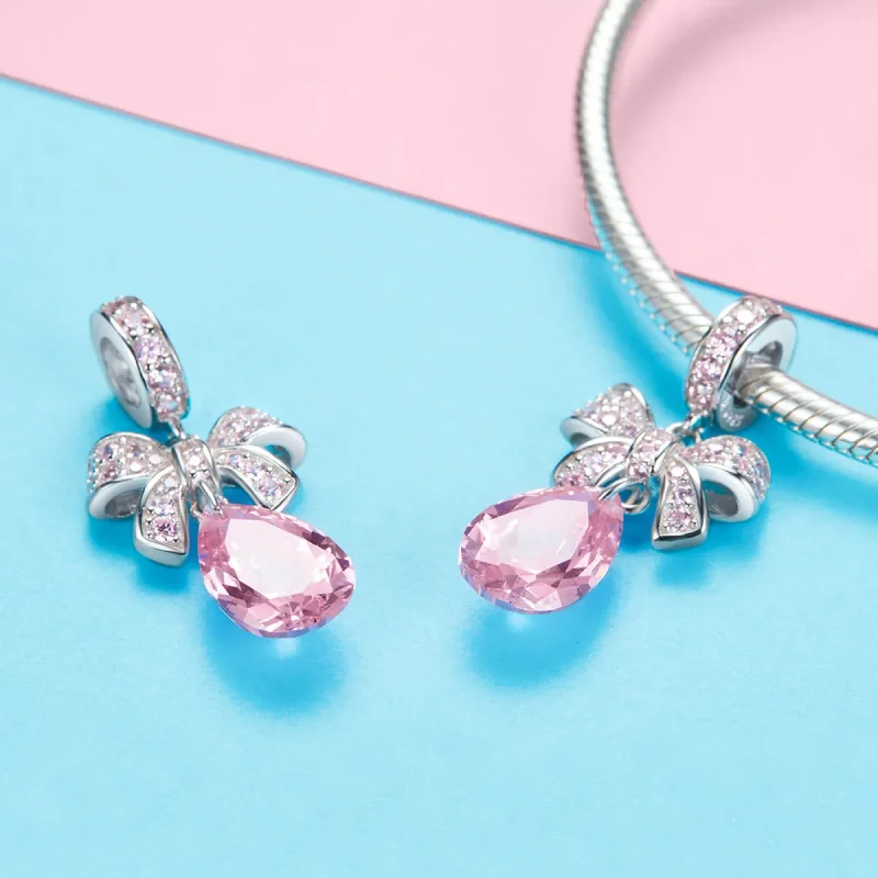 (image for) Pandora Compatible Silver Pink Bow Dangle Charm - SCC1074 - View 3