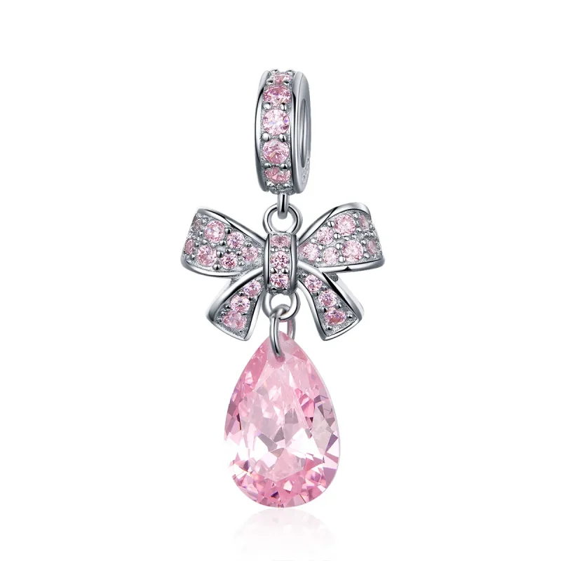 (image for) Pandora Compatible Silver Pink Bow Dangle Charm - SCC1074 - Product Image