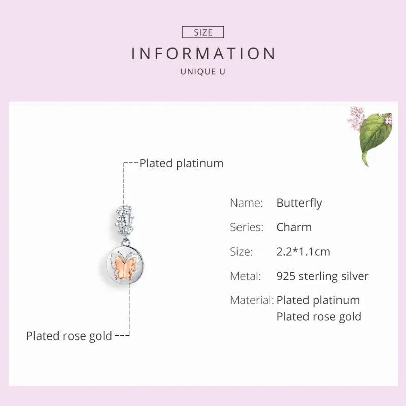 (image for) Pandora Compatible Silver & Rose Gold Butterfly Dangle - SCC1250 - View 3