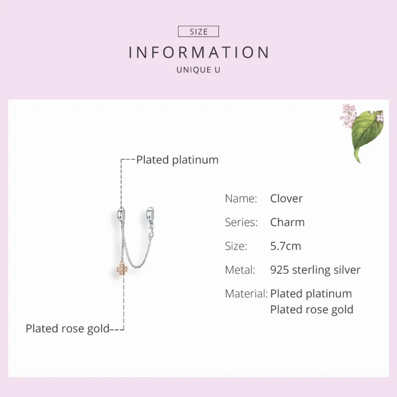 (image for) Pandora Compatible Silver & Rose Gold Clover Safety Chain - SCC1261 - View 3