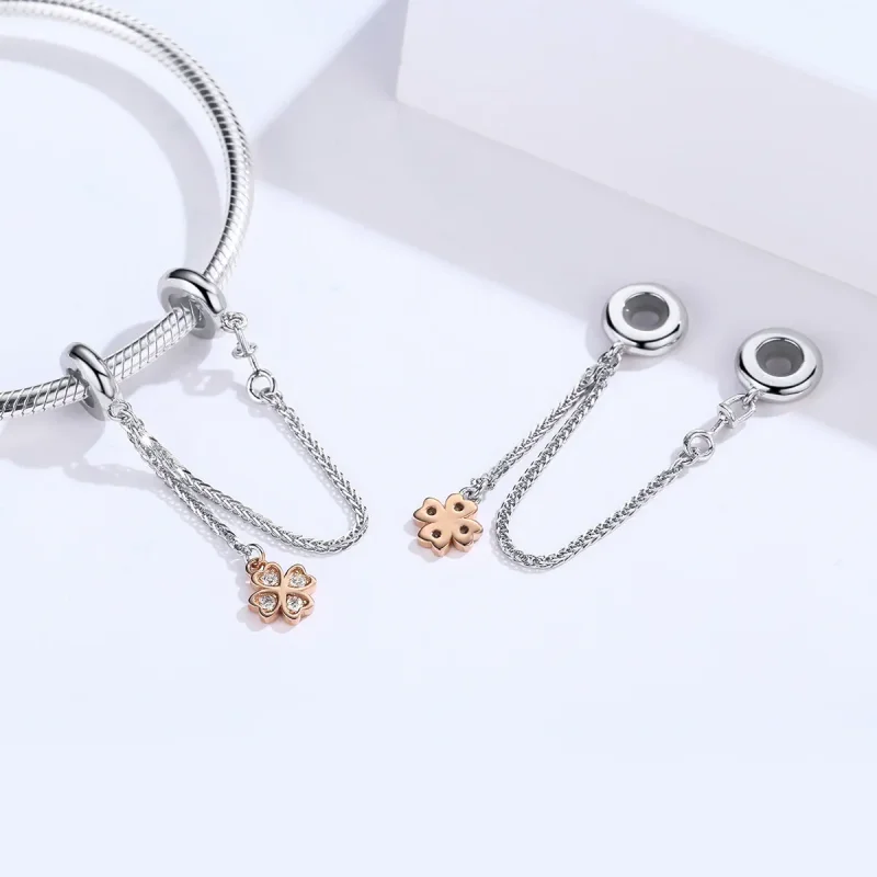 (image for) Pandora Compatible Silver & Rose Gold Clover Safety Chain - SCC1261 - View 4
