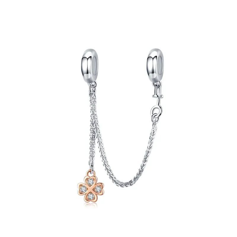(image for) Pandora Compatible Silver & Rose Gold Clover Safety Chain - SCC1261 - Product Image