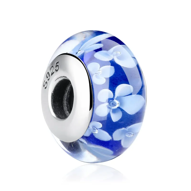 (image for) PANDORA Style Blue Murano Glass White Flowers Charm - SCZ006 - View 2