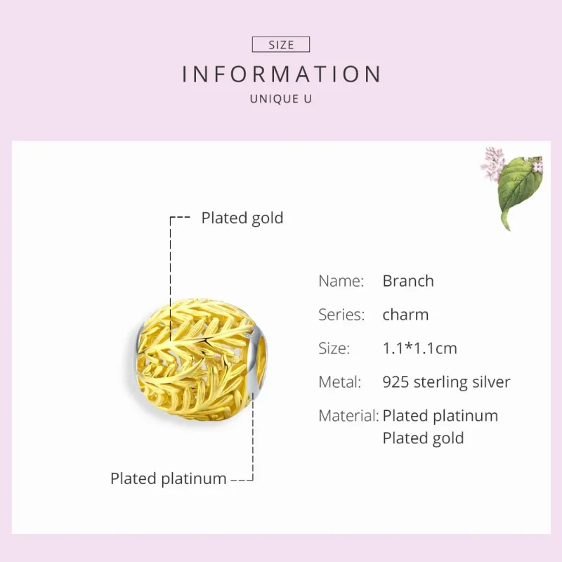 (image for) Pandora Style 18ct Gold Plated Charm, Branch - SCC1332 - View 7