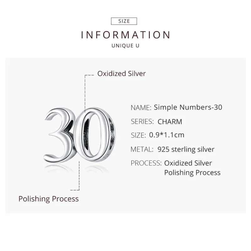 (image for) Pandora Style Silver Charm, 30Th Birthday - SCC1622 - View 8