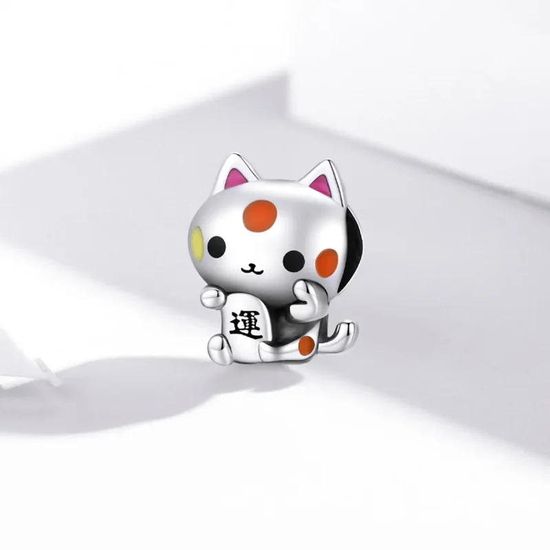 (image for) Pandora Style Silver Charm, Auspicious Money-Grabbing Cat, Multicolor Enamel - S - View 2