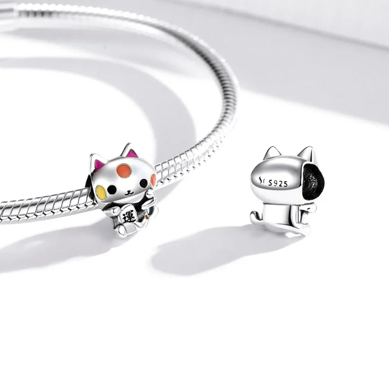 (image for) Pandora Style Silver Charm, Auspicious Money-Grabbing Cat, Multicolor Enamel - S - View 4