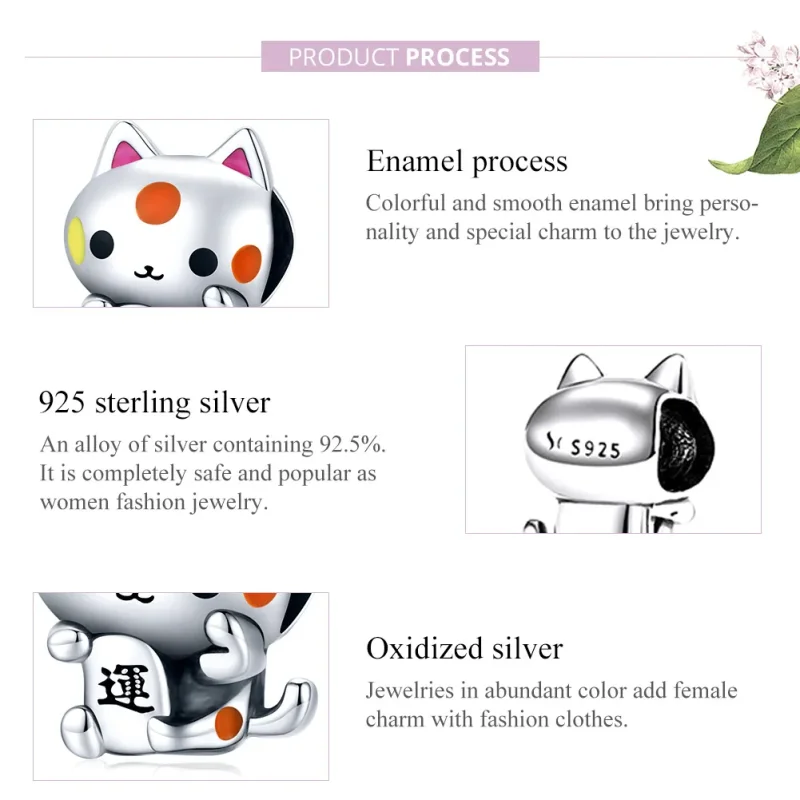 (image for) Pandora Style Silver Charm, Auspicious Money-Grabbing Cat, Multicolor Enamel - S - View 6