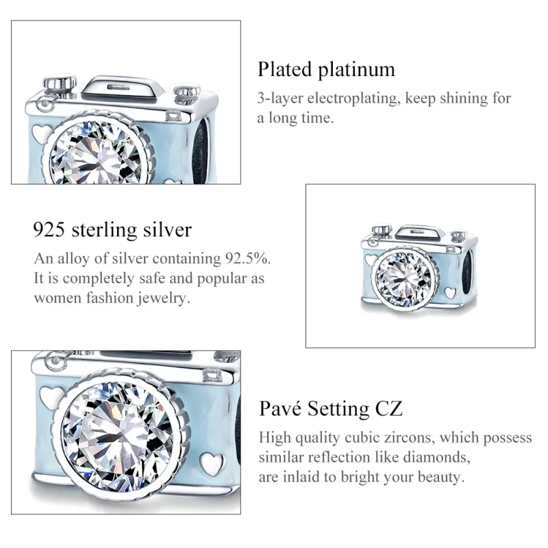 (image for) Pandora Style Silver Charm, Blue Camera, Cyan Enamel - BSC264 - View 7