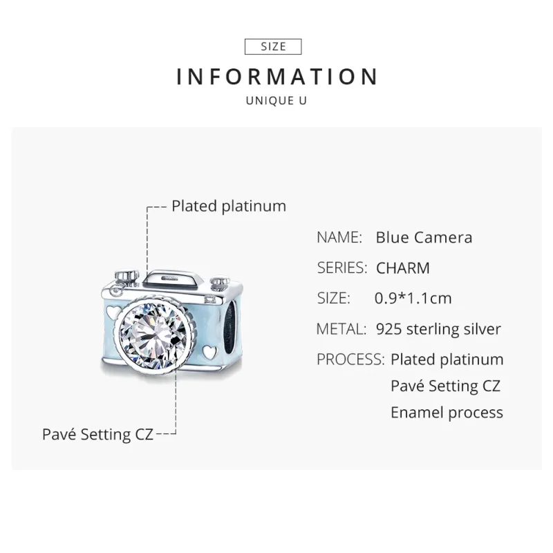 (image for) Pandora Style Silver Charm, Blue Camera, Cyan Enamel - BSC264 - View 8
