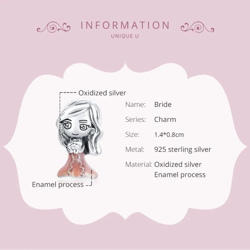 (image for) Pandora Style Silver Charm, Bride, Misty Rose Enamel - SCC1811 - View 6