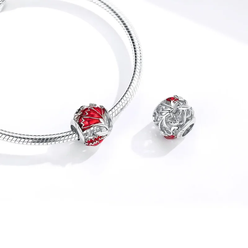 (image for) Pandora Style Silver Charm, Carnation, Red Enamel - BSC097 - View 4