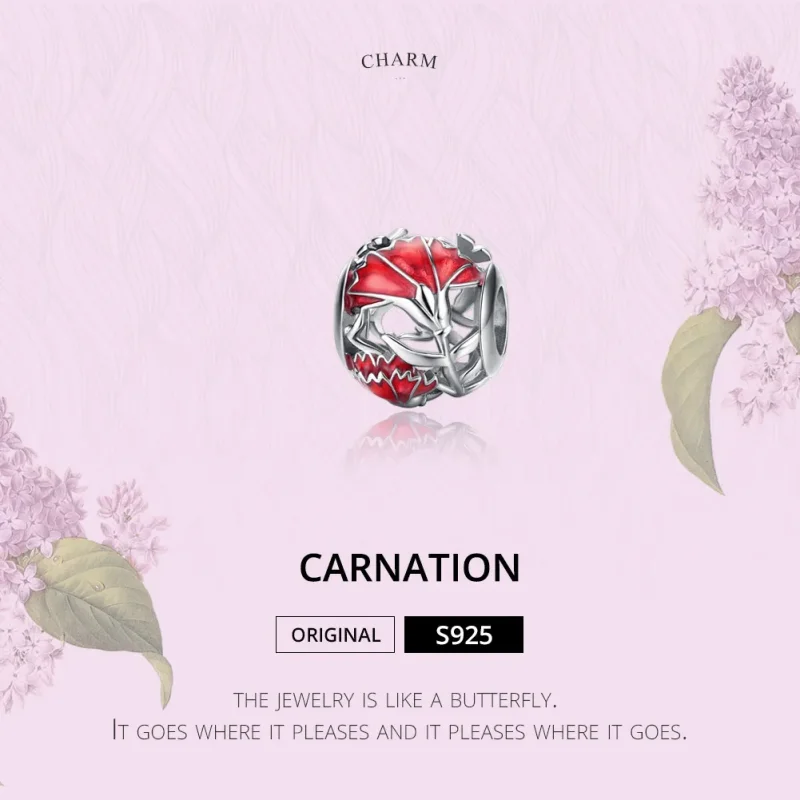(image for) Pandora Style Silver Charm, Carnation, Red Enamel - BSC097 - View 6