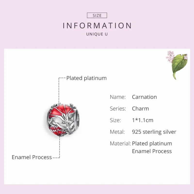 (image for) Pandora Style Silver Charm, Carnation, Red Enamel - BSC097 - View 7