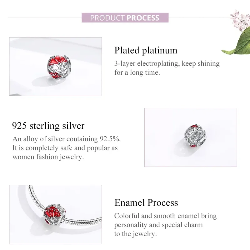 (image for) Pandora Style Silver Charm, Carnation, Red Enamel - BSC097 - View 8