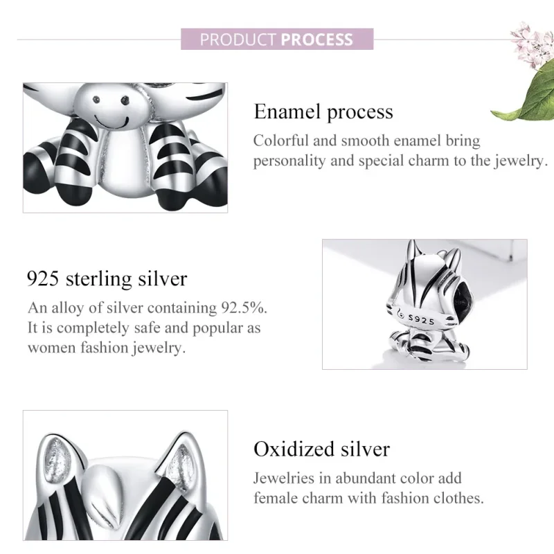 (image for) Pandora Style Silver Charm, Cartoon Zebra, Black Enamel - BSC387 - View 8