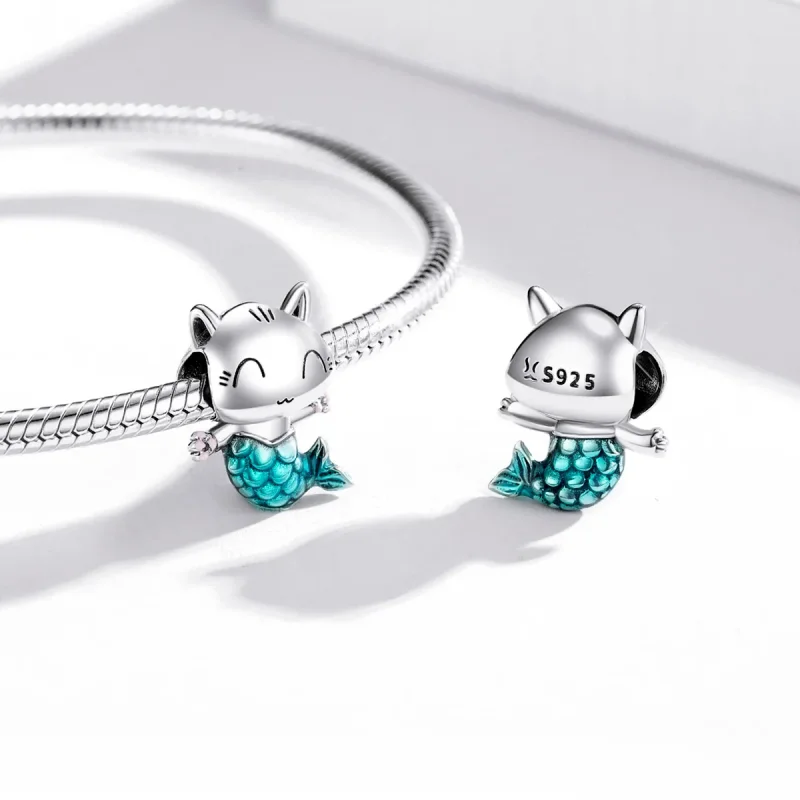 (image for) Pandora Style Silver Charm, Cat Mermaid, Cyan Enamel - SCC1852 - View 4