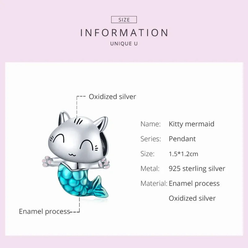 (image for) Pandora Style Silver Charm, Cat Mermaid, Cyan Enamel - SCC1852 - View 5