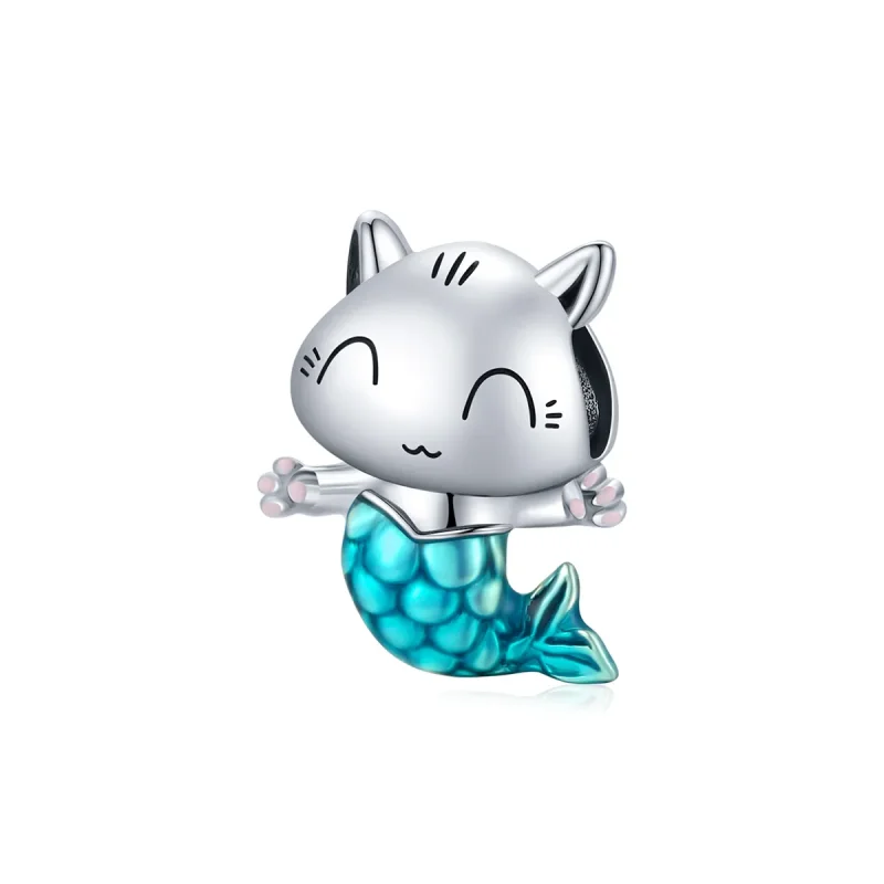 (image for) Pandora Style Silver Charm, Cat Mermaid, Cyan Enamel - SCC1852 - Product Image