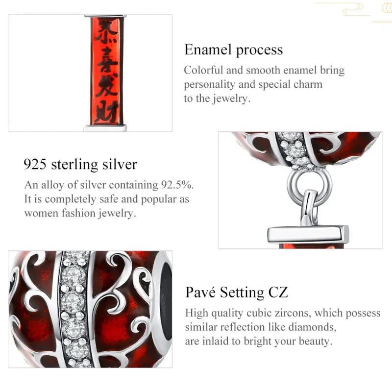 (image for) Pandora Style Silver Charm, China Wishing You Prosperity Lights, Red Enamel - BS - View 6