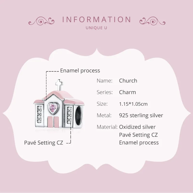 (image for) Pandora Style Silver Charm, Church, Pink Enamel - SCC1810 - View 6