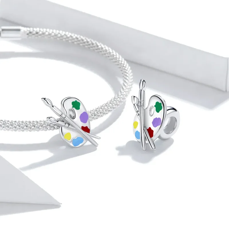 (image for) Pandora Style Silver Charm, Colorful Art Palette, Multicolor Enamel - BSC359 - View 4