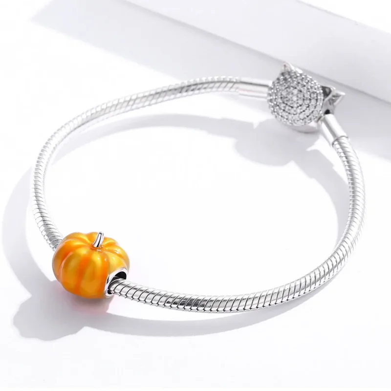 (image for) Pandora Style Silver Charm, Cute Pumpkin, Orange Enamel - BSC333 - View 3