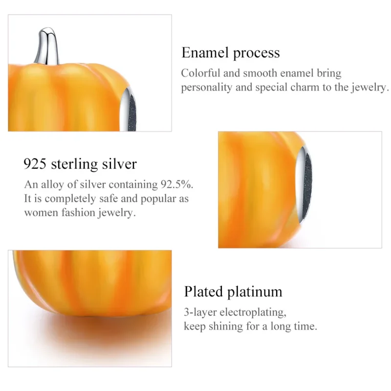 (image for) Pandora Style Silver Charm, Cute Pumpkin, Orange Enamel - BSC333 - View 7