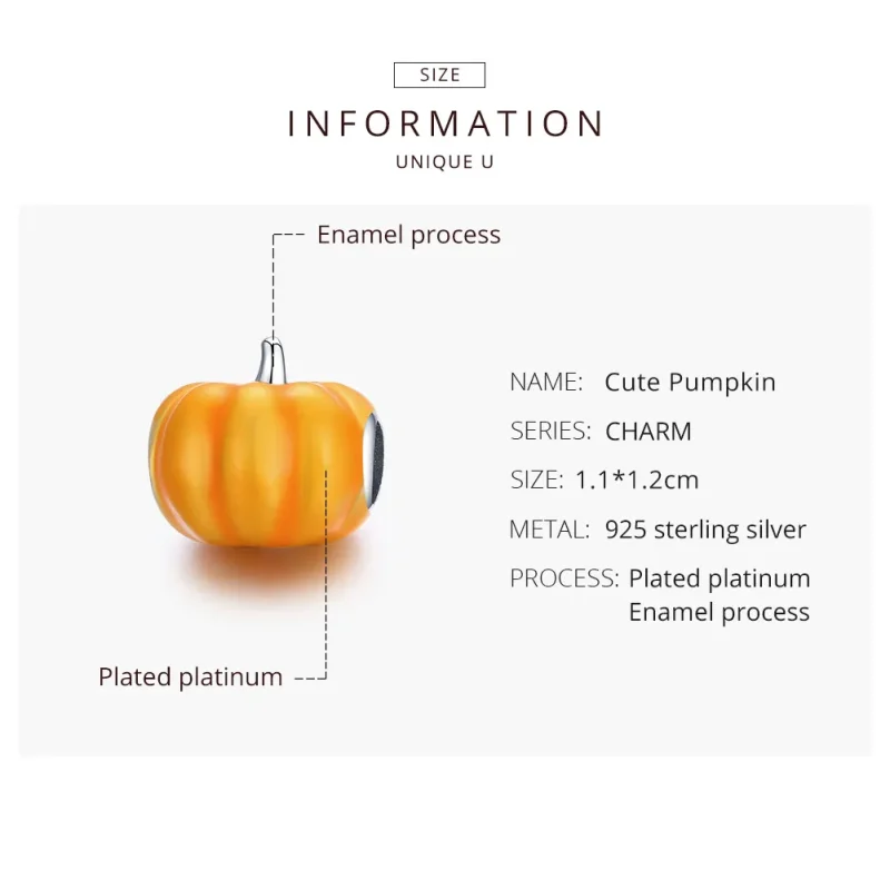 (image for) Pandora Style Silver Charm, Cute Pumpkin, Orange Enamel - BSC333 - View 8