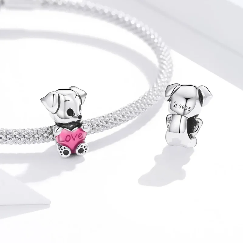 (image for) Pandora Style Silver Charm, Cute Puppy, Pink Enamel - SCC1677 - View 4