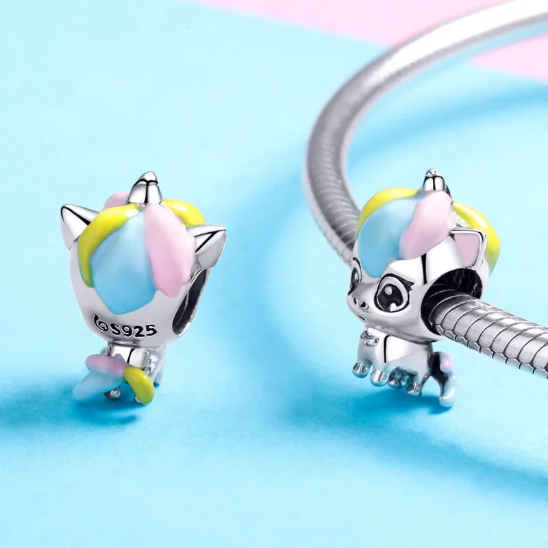 (image for) Pandora Style Silver Charm, Cute Unicorn, Multicolor Enamel - BSC059 - View 4