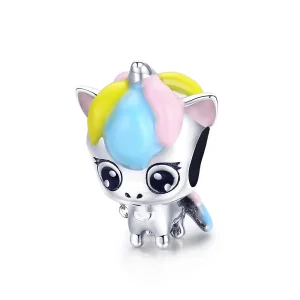 (image for) Pandora Style Silver Charm, Cute Unicorn, Multicolor Enamel - BSC059