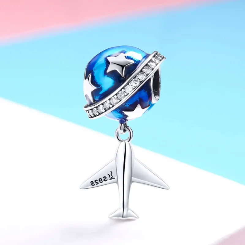 (image for) Pandora Style Silver Charm, Dream Airplane For Travel Around, Aquamarine Enamel - View 2