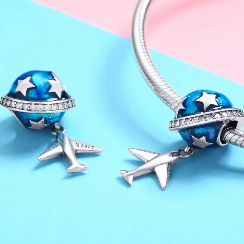 (image for) Pandora Style Silver Charm, Dream Airplane For Travel Around, Aquamarine Enamel - View 3