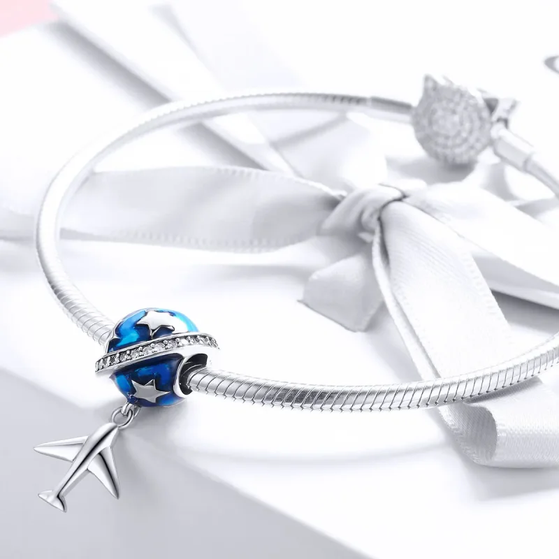 (image for) Pandora Style Silver Charm, Dream Airplane For Travel Around, Aquamarine Enamel - View 4