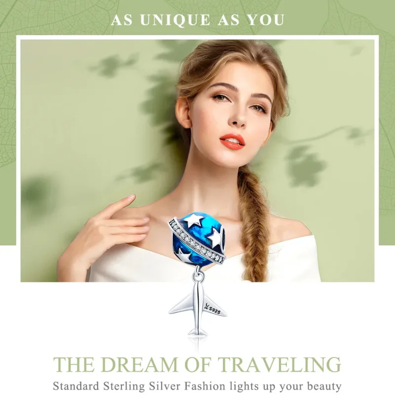 (image for) Pandora Style Silver Charm, Dream Airplane For Travel Around, Aquamarine Enamel - View 6