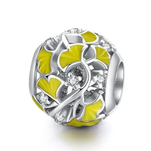 (image for) Pandora Style Silver Charm, Elegant Ginkgo Leaves, Yellow Enamel - BSC334