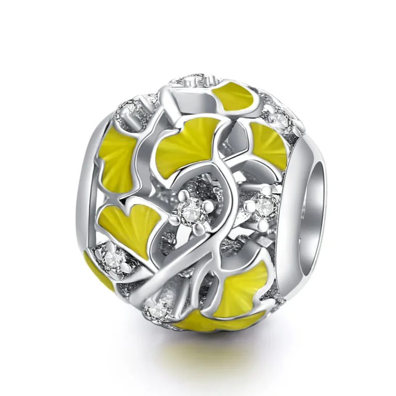 (image for) Pandora Style Silver Charm, Elegant Ginkgo Leaves, Yellow Enamel - BSC334 - Product Image