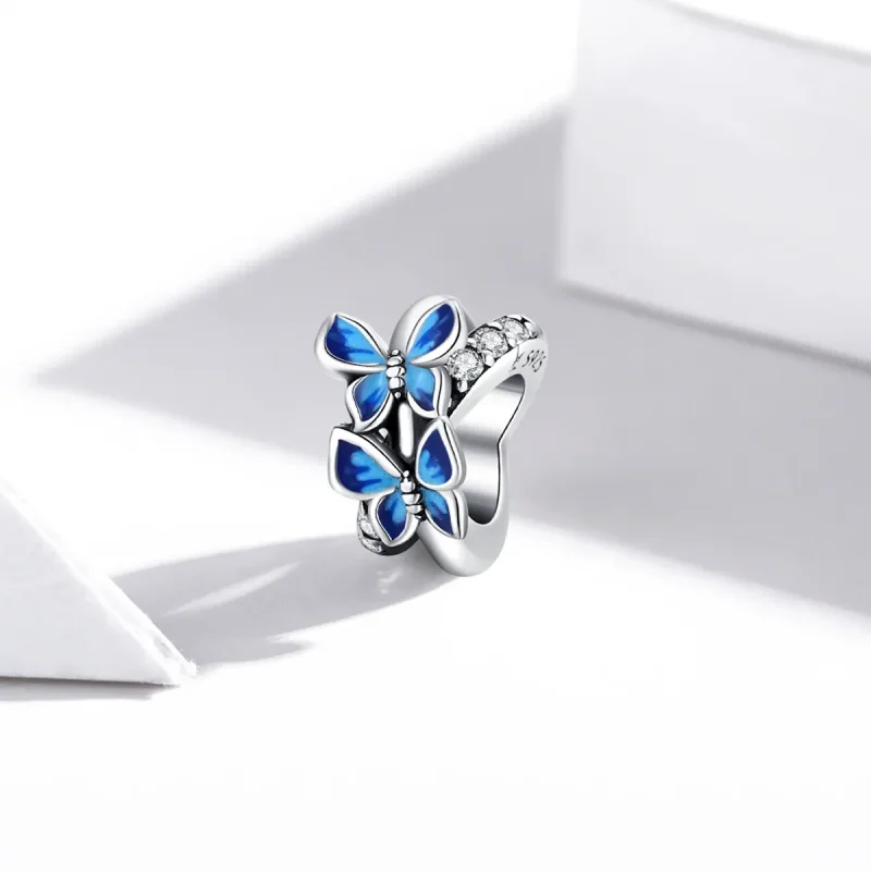 (image for) Pandora Style Silver Charm, Flying Butterflies, Aquamarine Enamel - SCC1731 - View 2