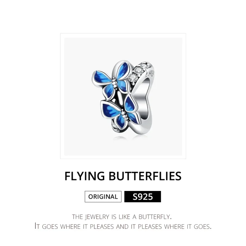 (image for) Pandora Style Silver Charm, Flying Butterflies, Aquamarine Enamel - SCC1731 - View 6