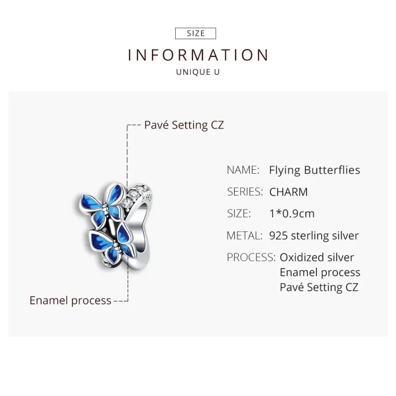 (image for) Pandora Style Silver Charm, Flying Butterflies, Aquamarine Enamel - SCC1731 - View 8