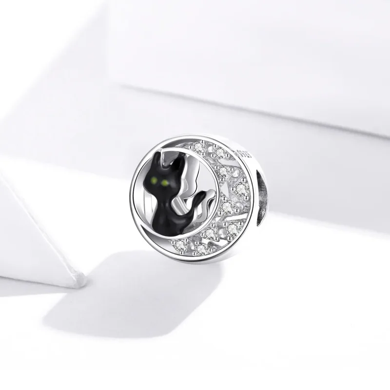 (image for) Pandora Style Silver Charm, Halloween Black Cat, Black Enamel - BSC325 - View 2