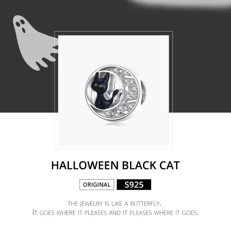 (image for) Pandora Style Silver Charm, Halloween Black Cat, Black Enamel - BSC325 - View 6