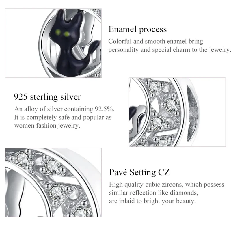 (image for) Pandora Style Silver Charm, Halloween Black Cat, Black Enamel - BSC325 - View 7