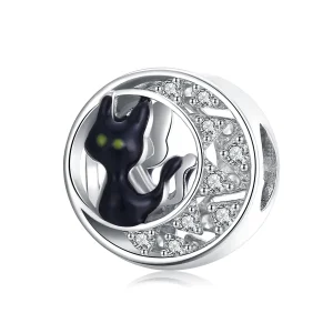 (image for) Pandora Style Silver Charm, Halloween Black Cat, Black Enamel - BSC325
