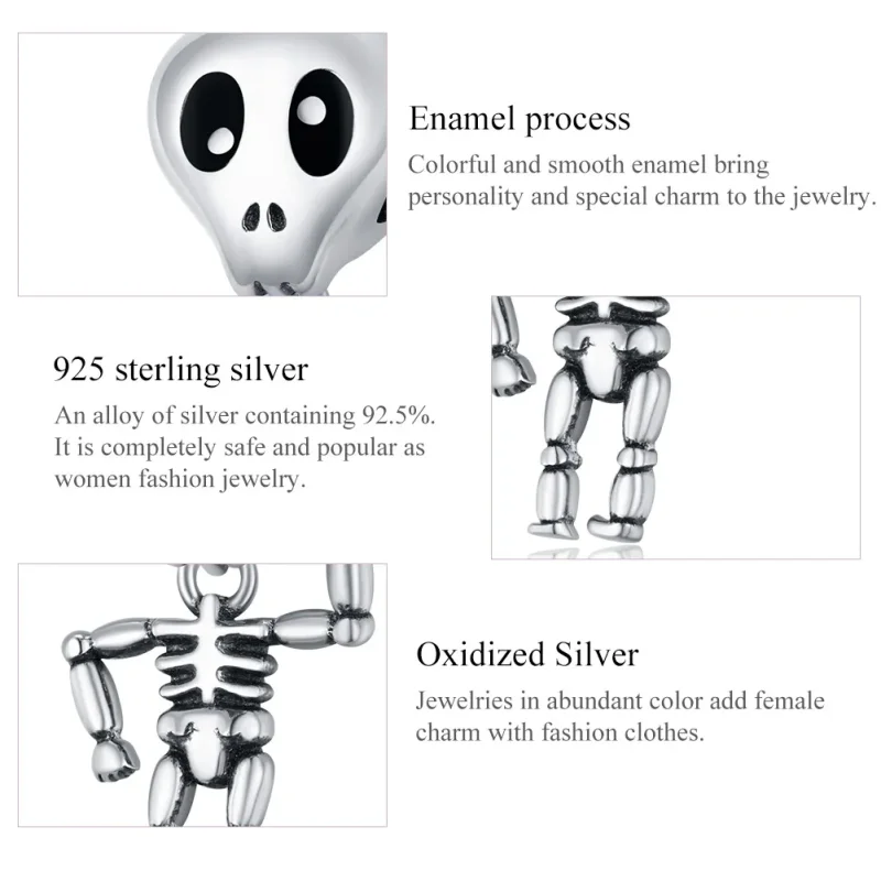 (image for) Pandora Style Silver Charm, Halloween Skull Man, Black Enamel - SCC1617 - View 7